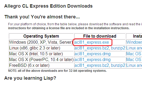 Allegro Common Lisp File to download